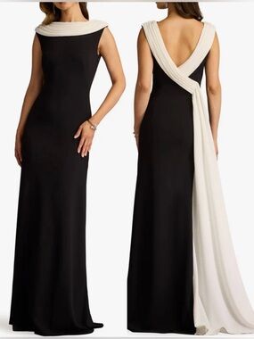 NEW TADASHI SHOJI Plaza V-Back Drape back Crepe Black/ Ivory Gown sz M